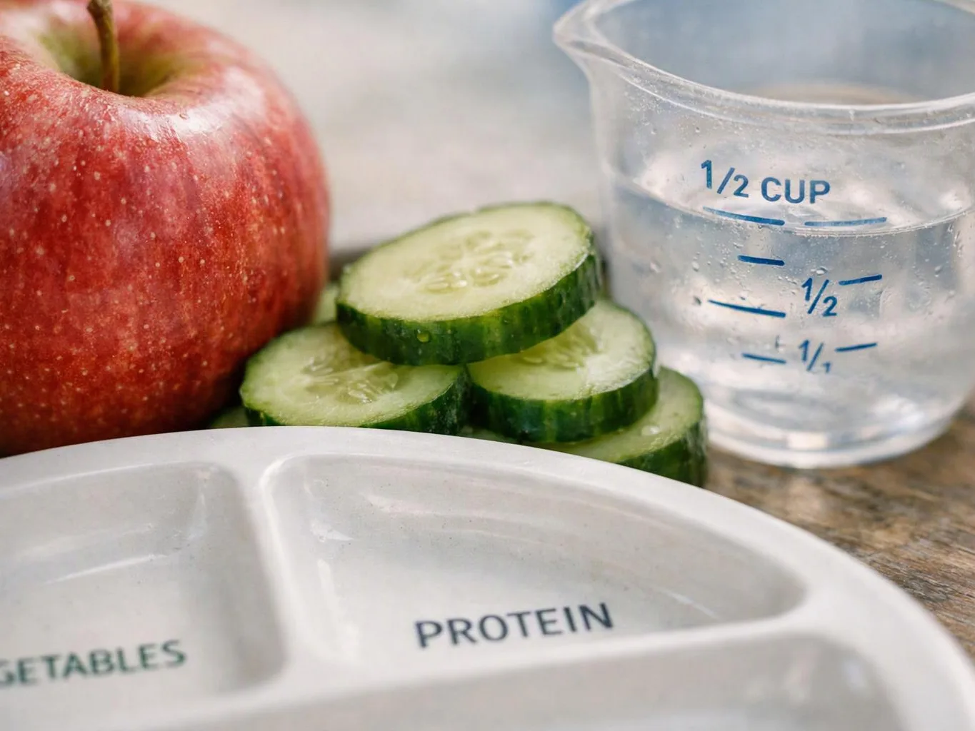 An apple, cucumber slices, and a measuring cup sit beside a divided food container on a counter