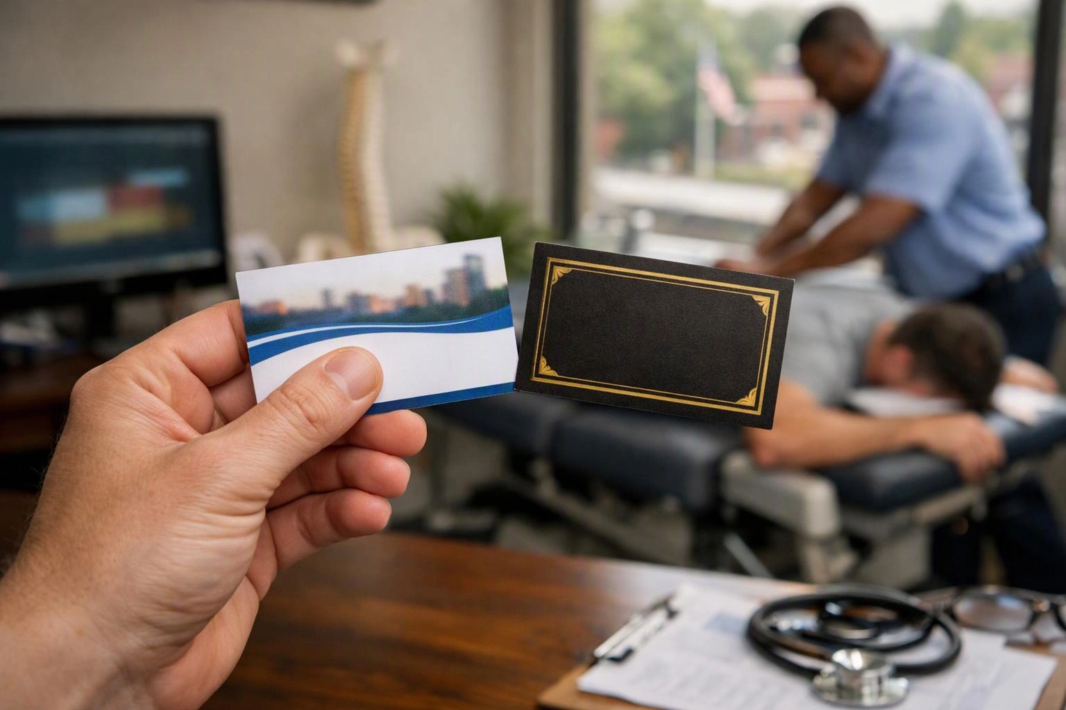 A hand holds two blank cards in a medical office, while a patient lies on a treatment table and a practitioner works nearby