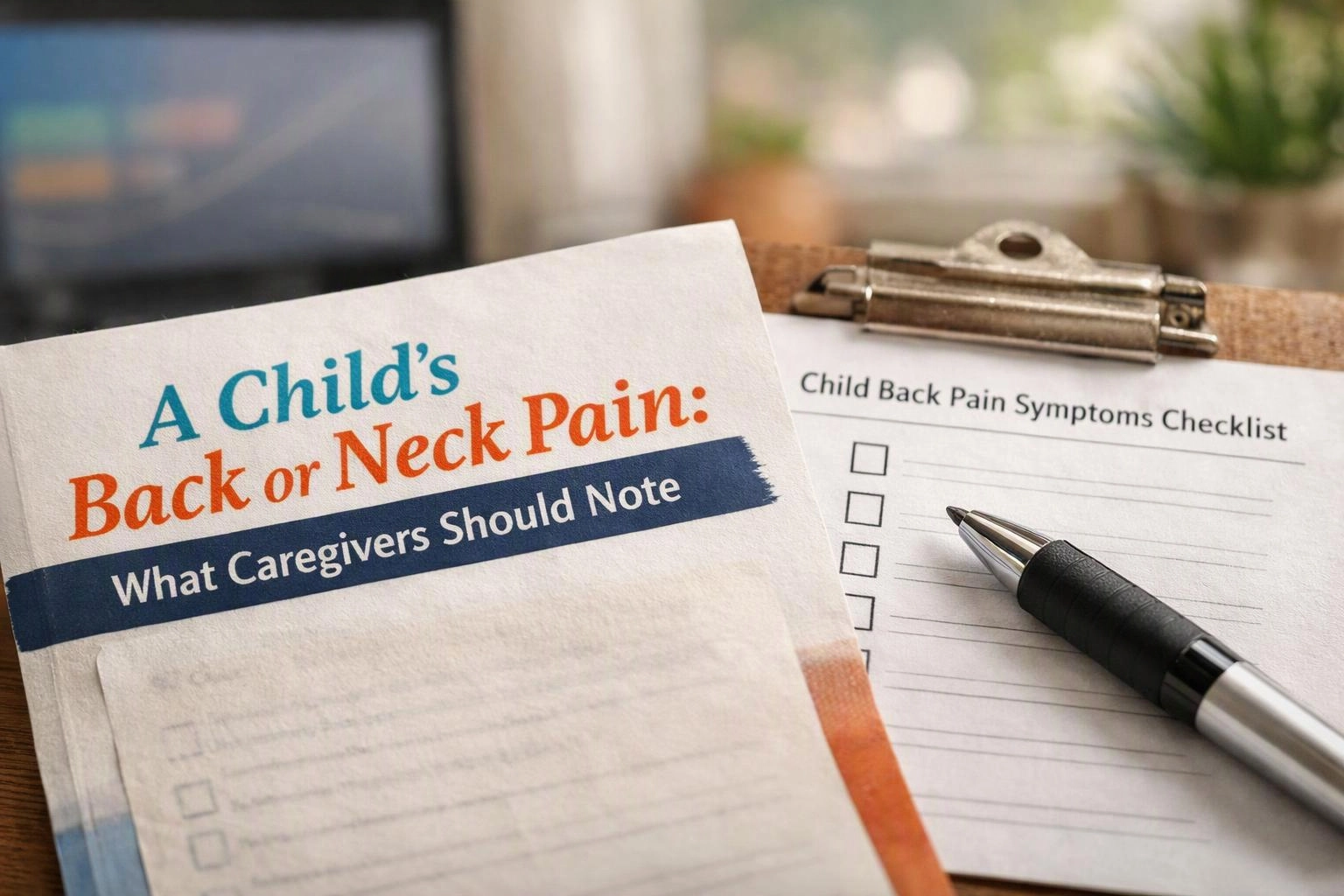 Macro product photograph of wide establishing view of a setting where "A Child’s Back or Neck Pain
