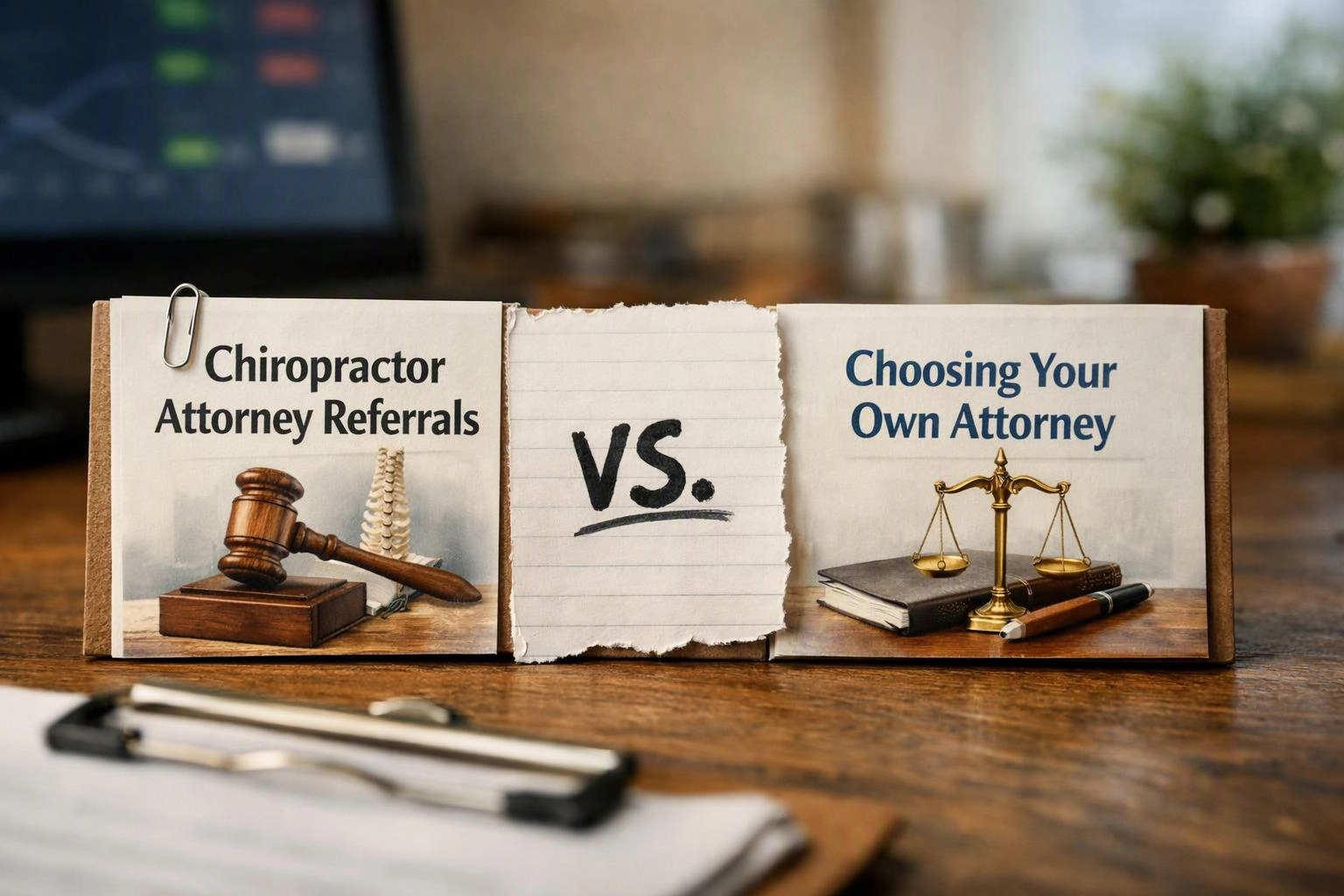 Macro product photograph of environmental still life in a real workspace where "Chiropractor Attorney Referrals vs