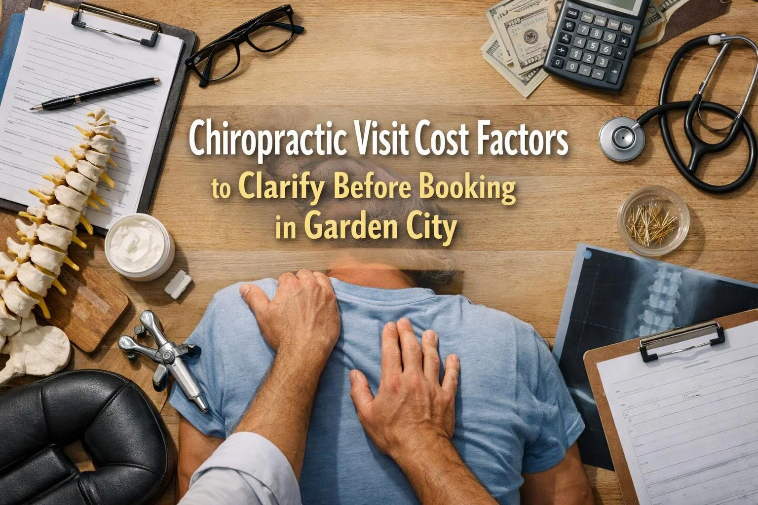 A chiropractor presses on a patient’s back at a desk covered with medical tools and paperwork
