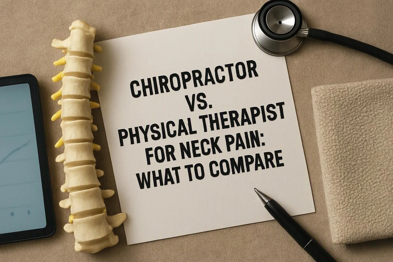 Macro product photograph of overhead flat-lay of items that represent "Chiropractor vs. Physical Therapist for Neck Pain