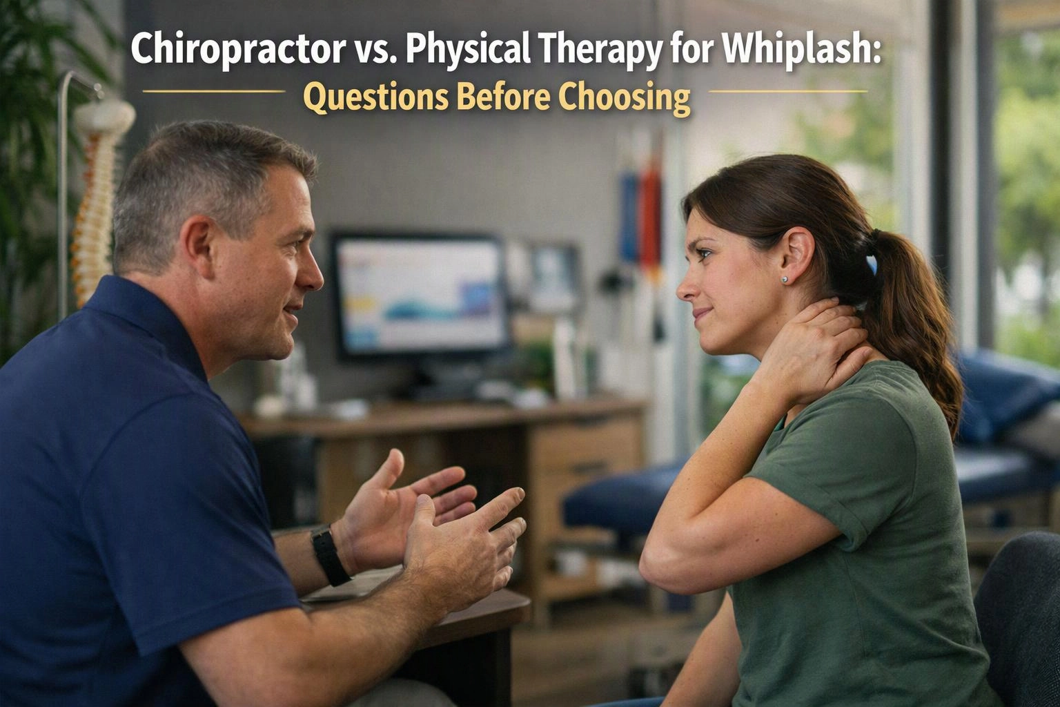 Two-person consultation photograph showing wide establishing view of a setting where "Chiropractor vs