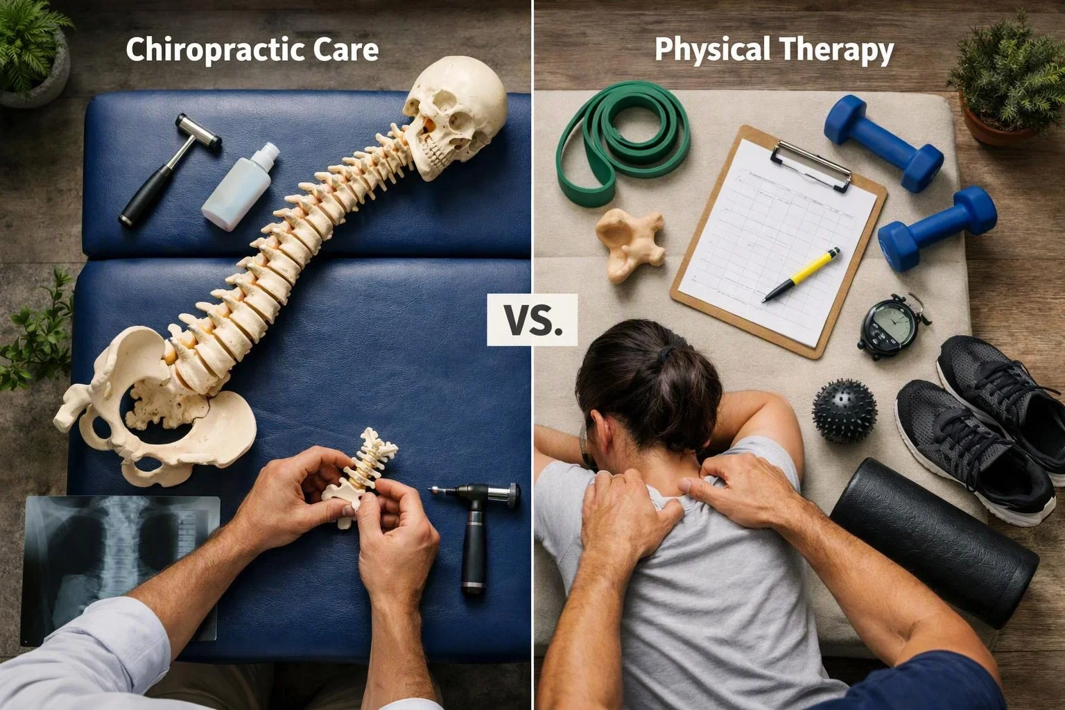Aerial top-down flat-lay photograph of a clear visual metaphor illustrating what "Chiropractic Care vs