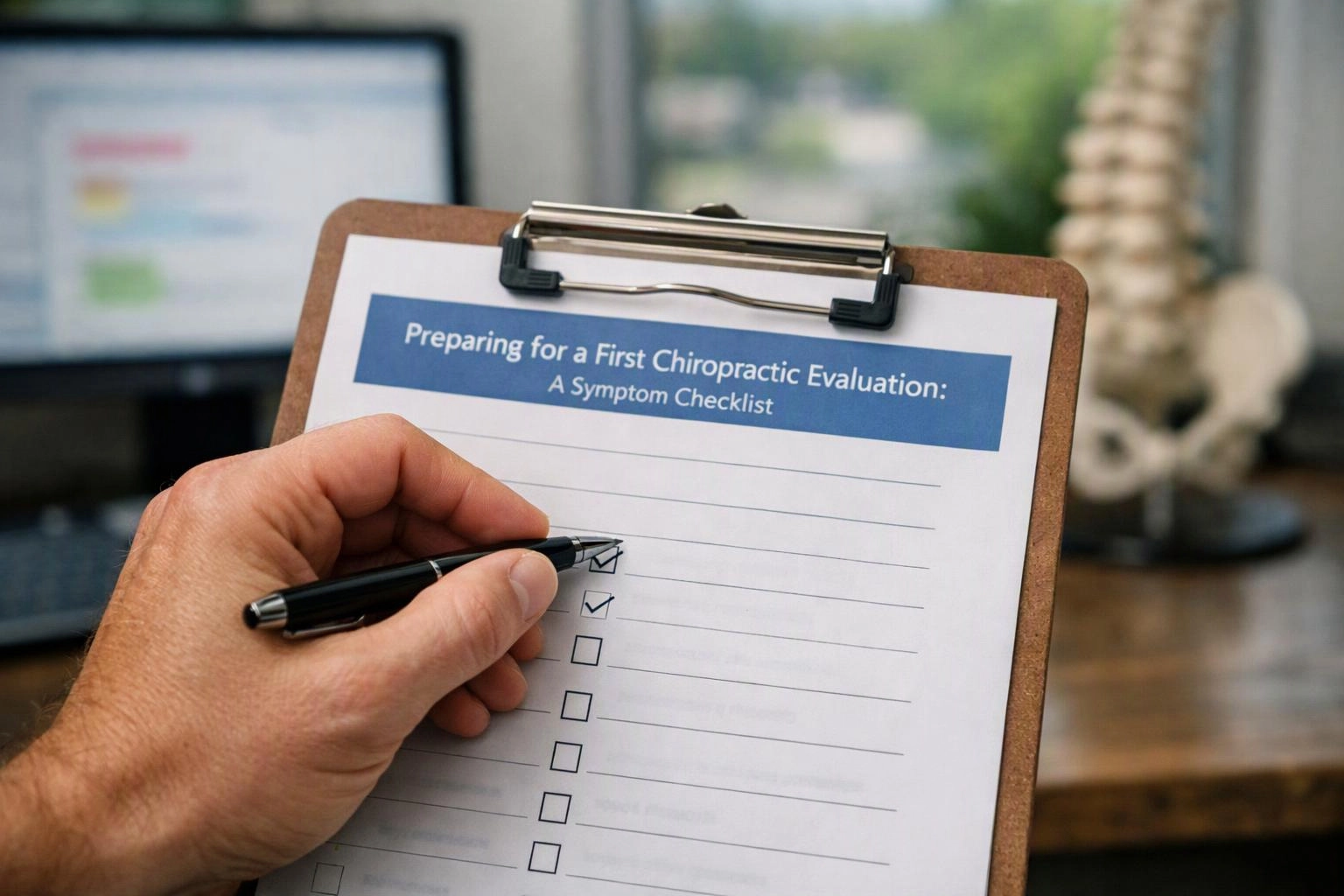 A hand checks boxes on a chiropractic symptom checklist clipped to a clipboard in a desk office setting