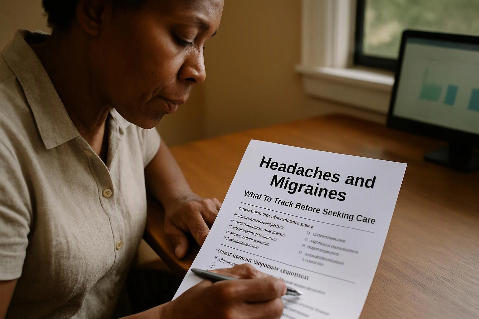 A woman reads and writes on a headaches and migraines worksheet at a desk near a computer monitor