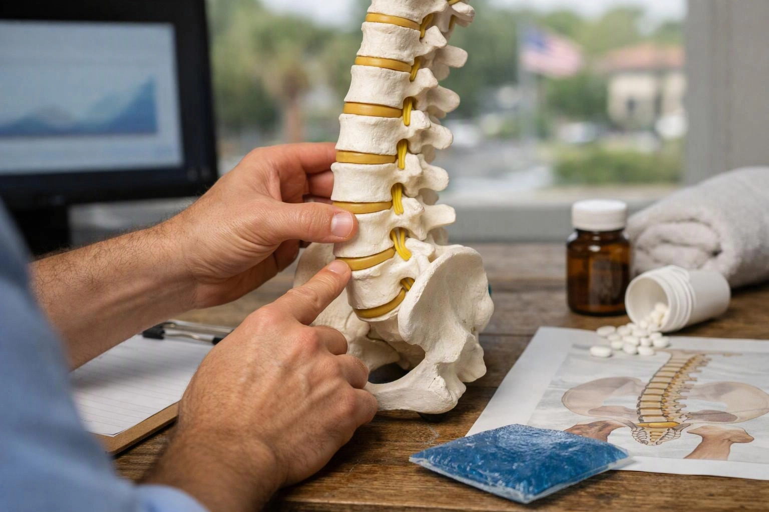 Advertising-grade tabletop still life photograph of wide establishing view of a setting where "Lower Back Pain
