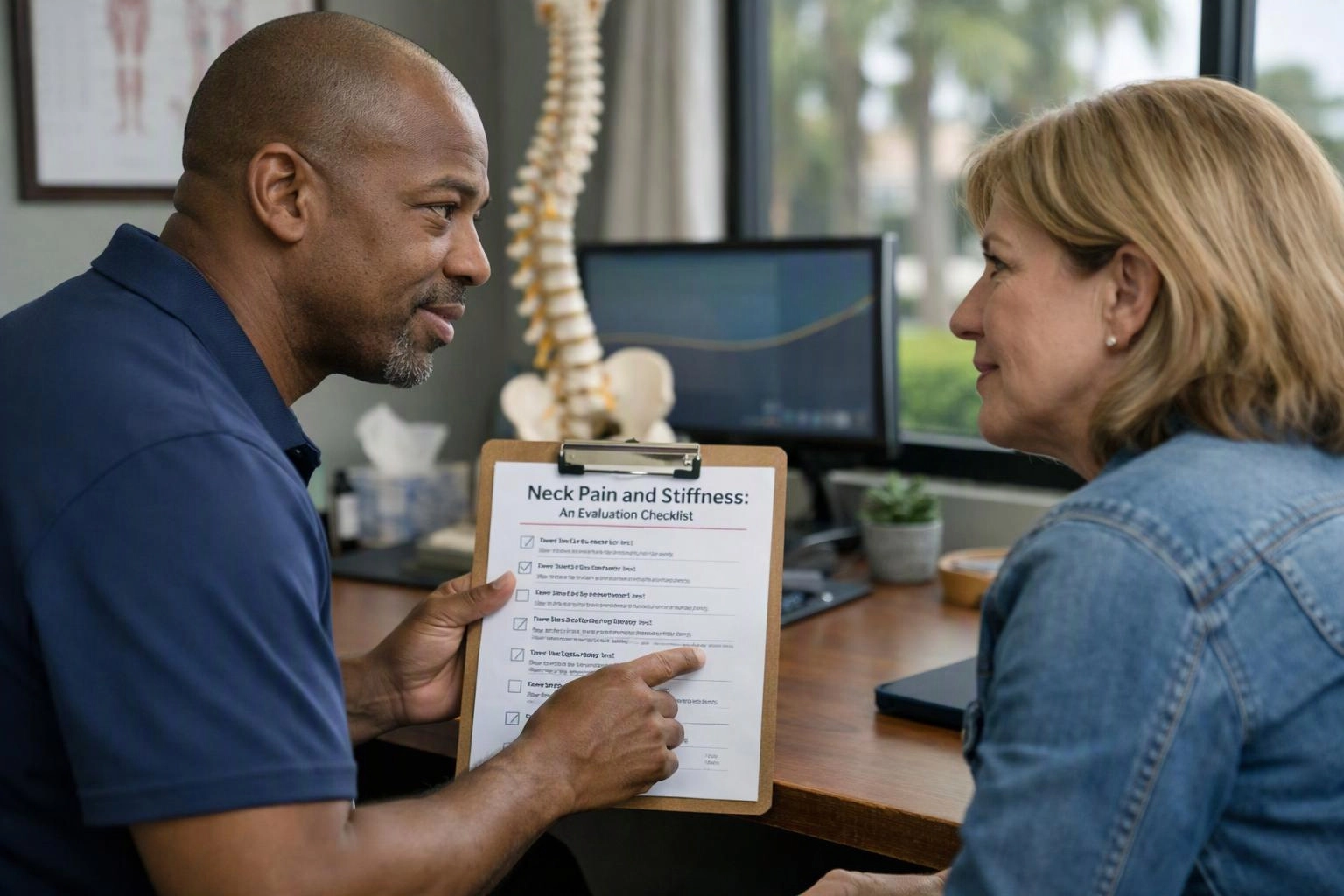 Two-person consultation photograph showing environmental still life in a real workspace where "Neck Pain and Stiffness