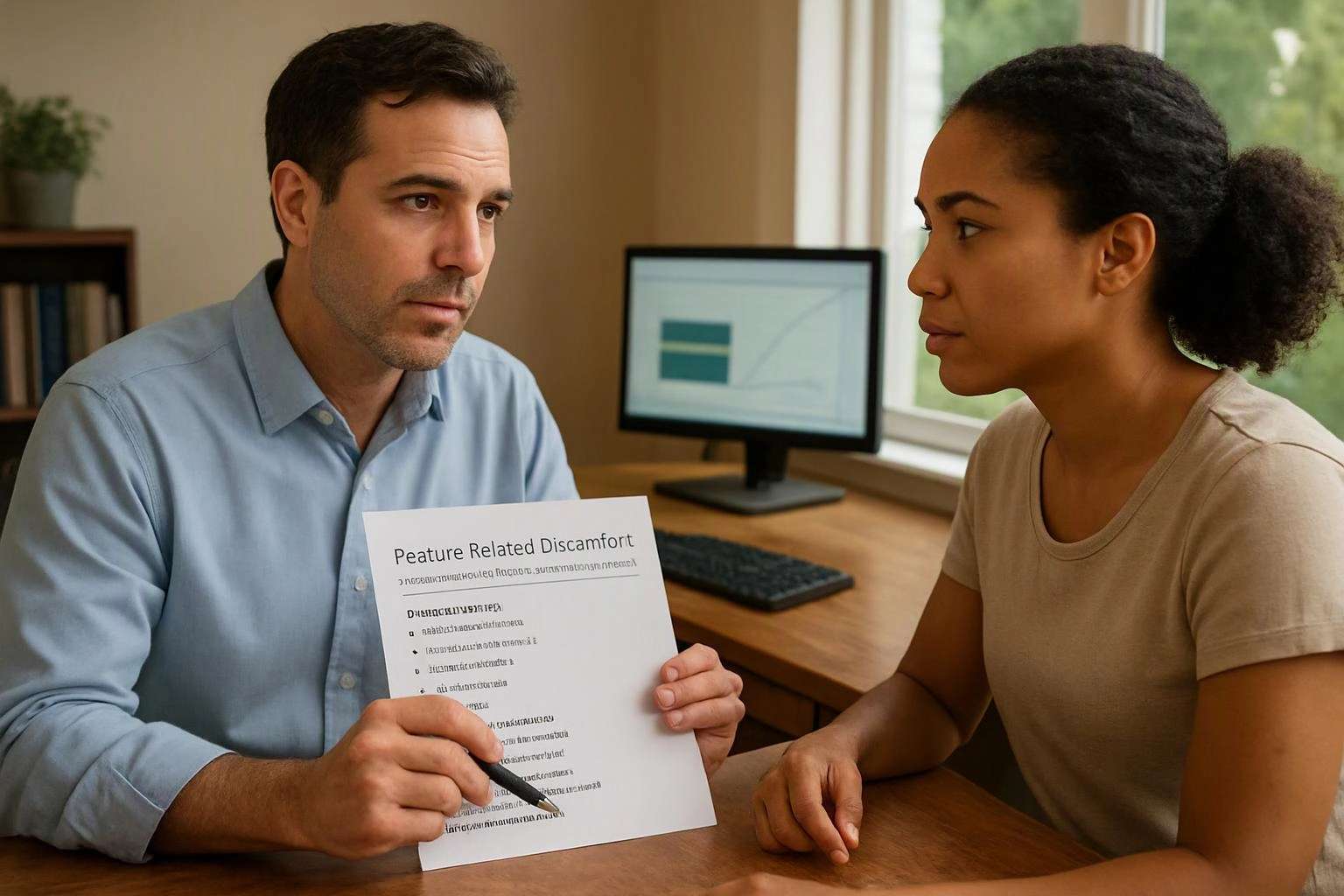 Two-person consultation photograph showing environmental still life in a real workspace where "Posture-Related Discomfort