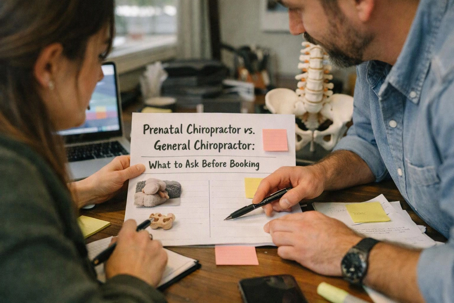 Two people review a printed chiropractic planning sheet at a desk with notebooks, pens, sticky notes, and a spine model