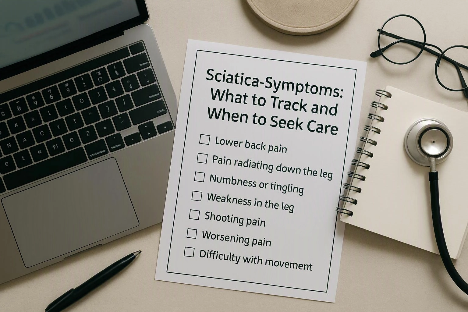 Aerial top-down flat-lay photograph of overhead flat-lay of items that represent "Sciatica Symptoms