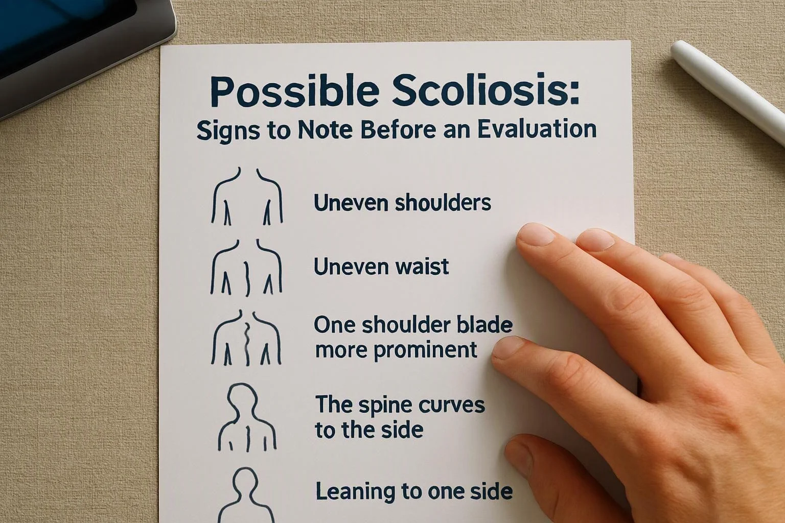 A hand points at a scoliosis signs sheet with body icons on a beige desk next to a pen