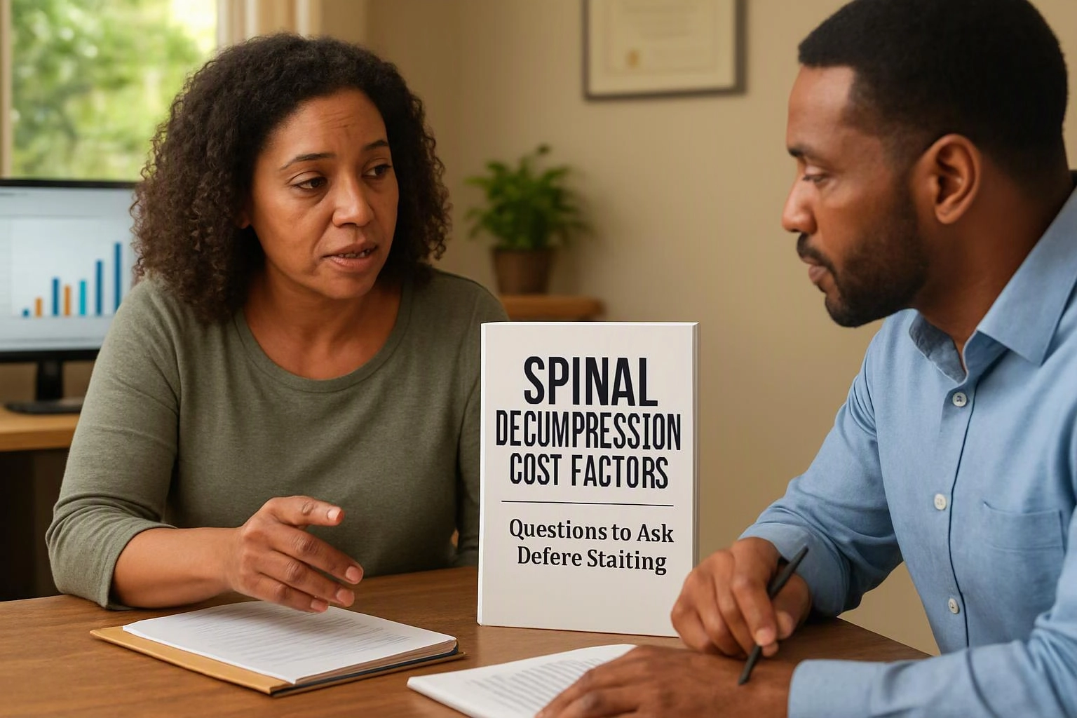Two people discuss a booklet titled “Spinal Decompression Cost Factors” at a desk in a bright office
