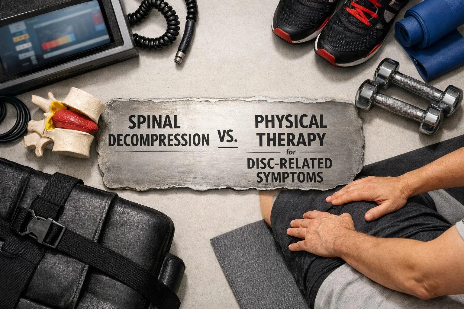 A therapy scene shows hands pressing a person’s lower back, with weights, shoes, a spine model