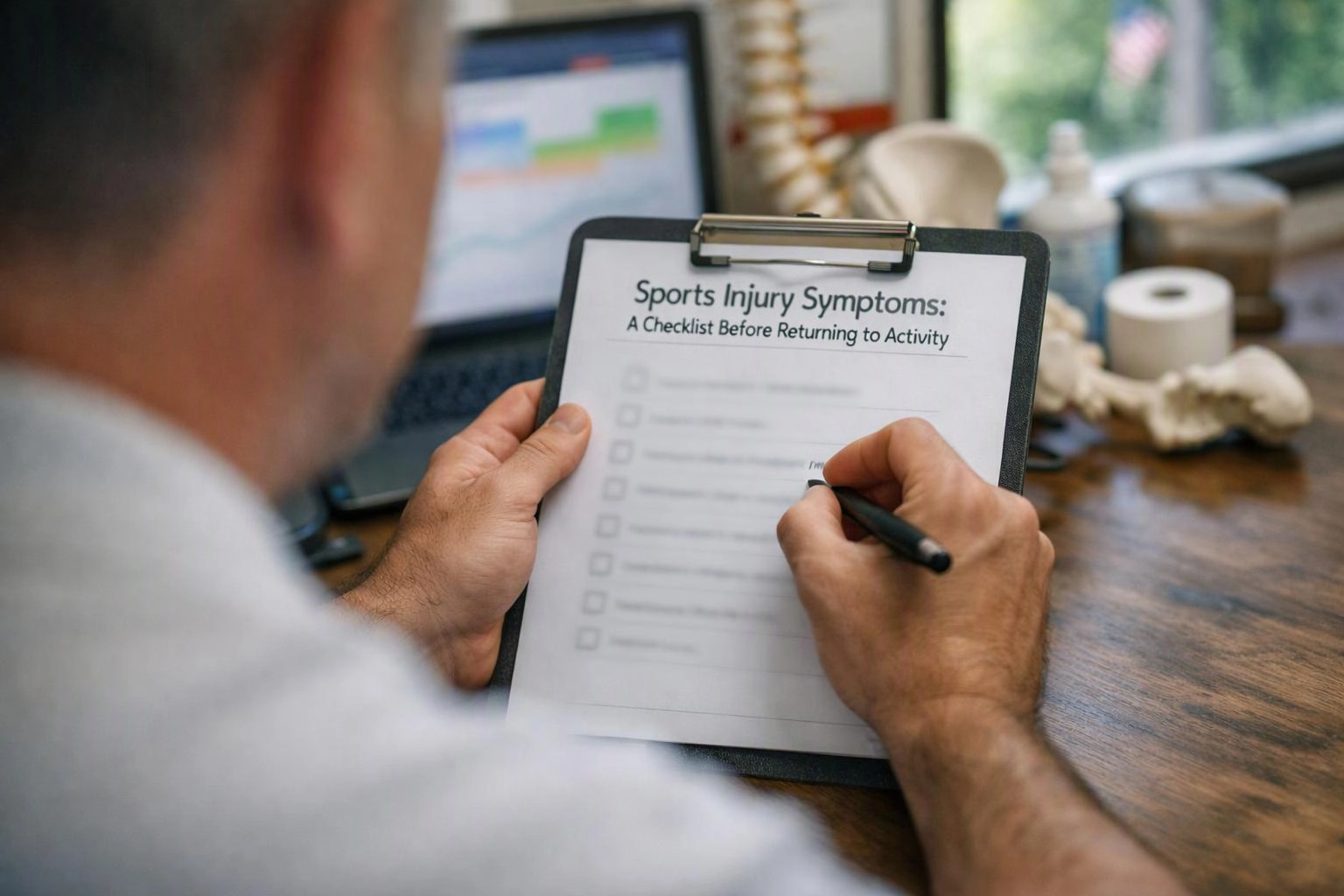 A person fills out a clipboard checklist titled Sports Injury Symptoms at a desk near a laptop and window