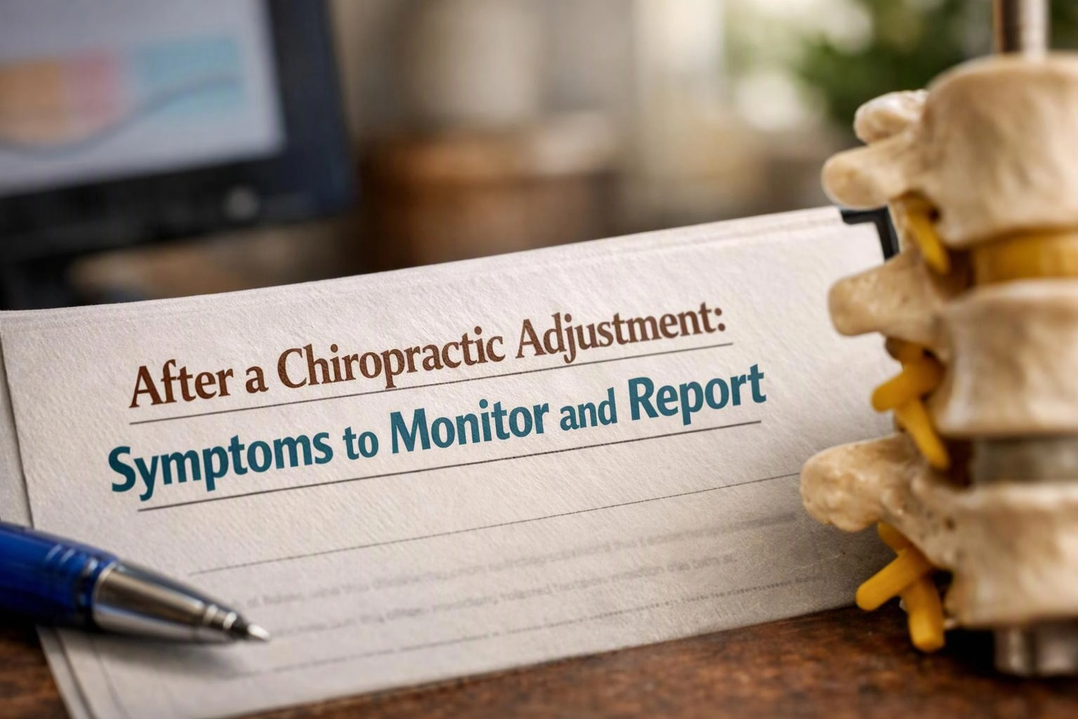 Macro product photograph of wide establishing view of a setting where "After a Chiropractic Adjustment