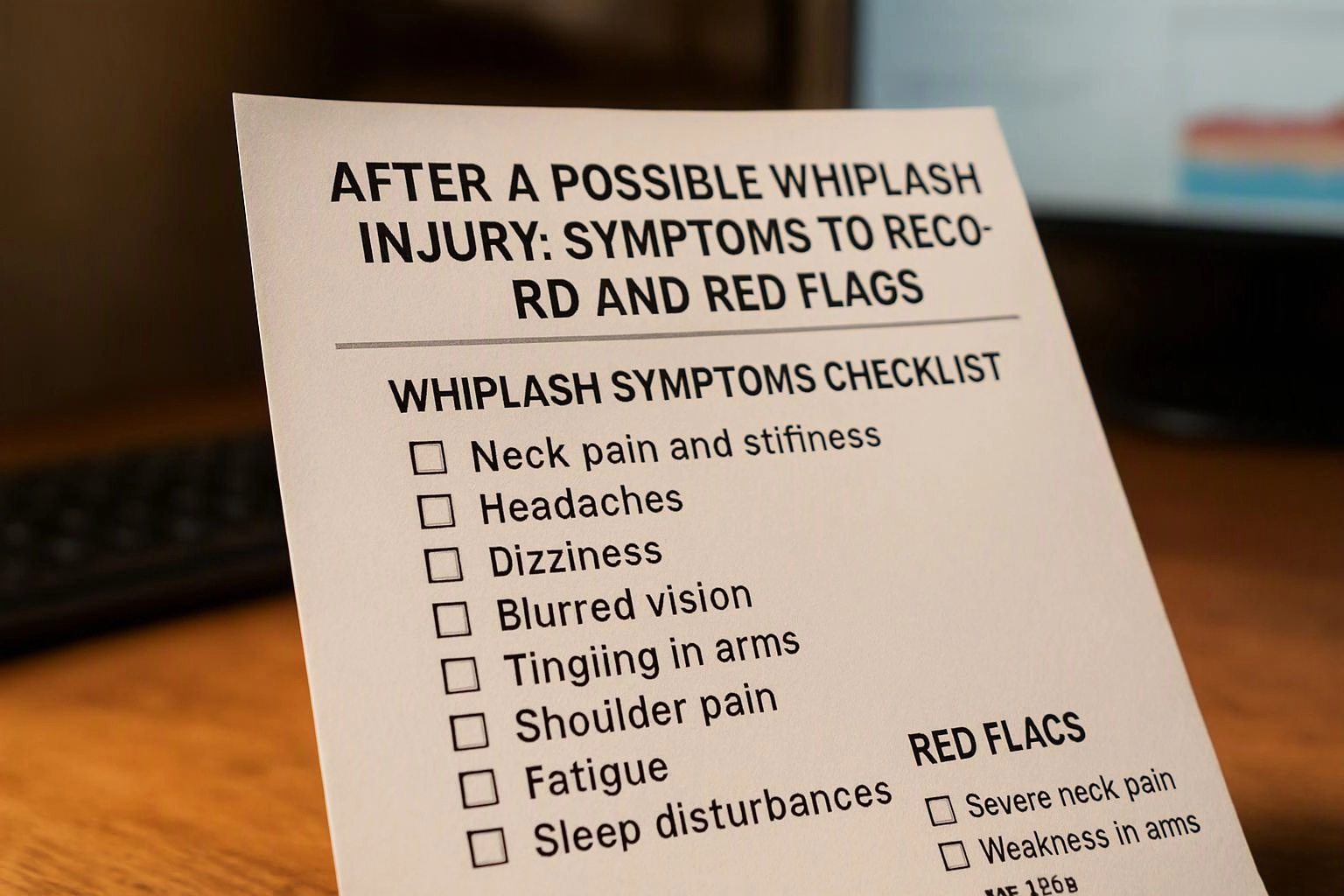 Macro product photograph of wide establishing view of a setting where "After a Possible Whiplash Injury
