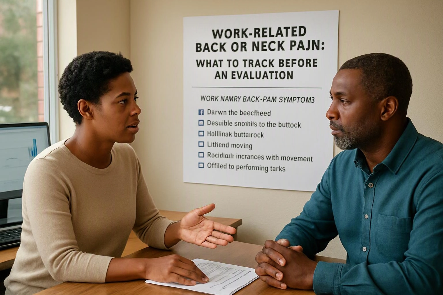 Two-person consultation photograph showing wide establishing view of a setting where "Work-Related Back or Neck Pain