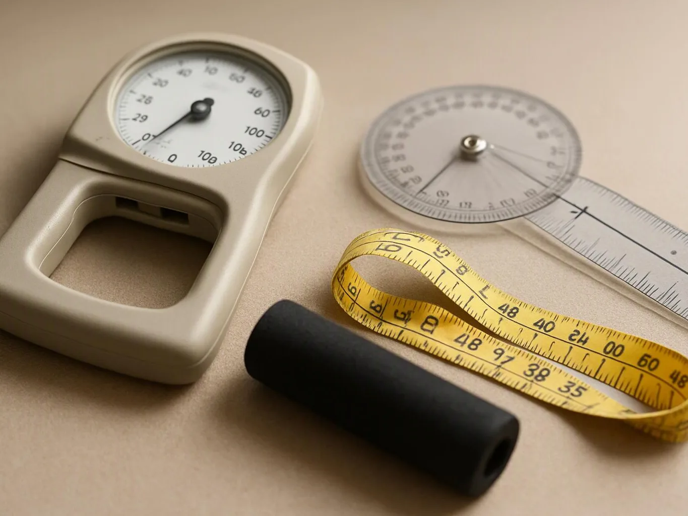 A bathroom scale, protractor, yellow measuring tape, and black cylinder lie on a beige surface