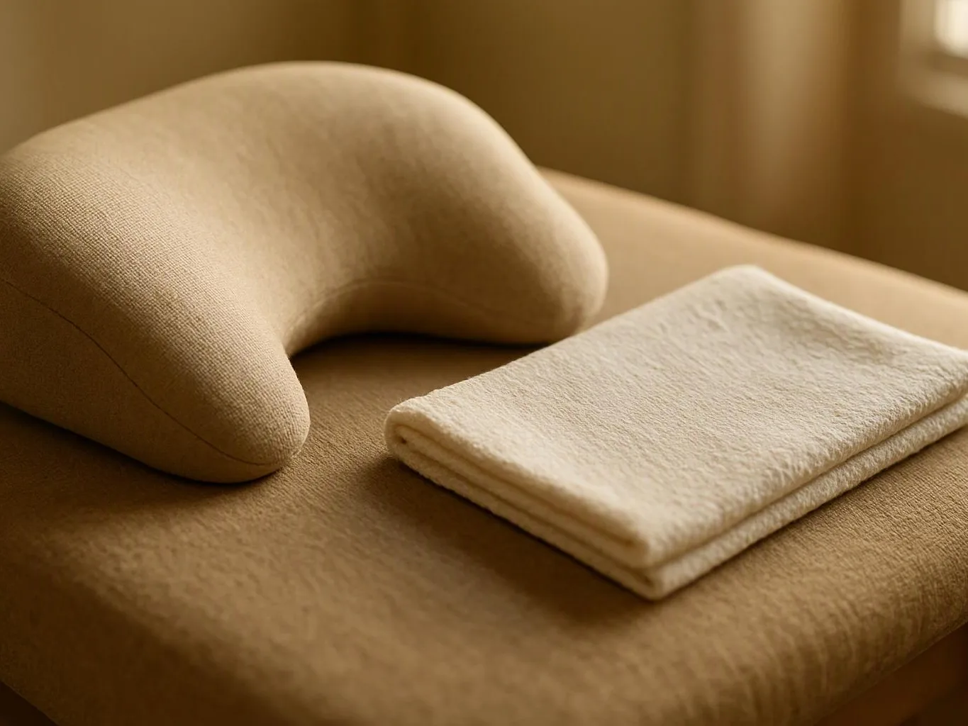A beige massage chair holds a contoured neck pillow and a folded towel in warm light