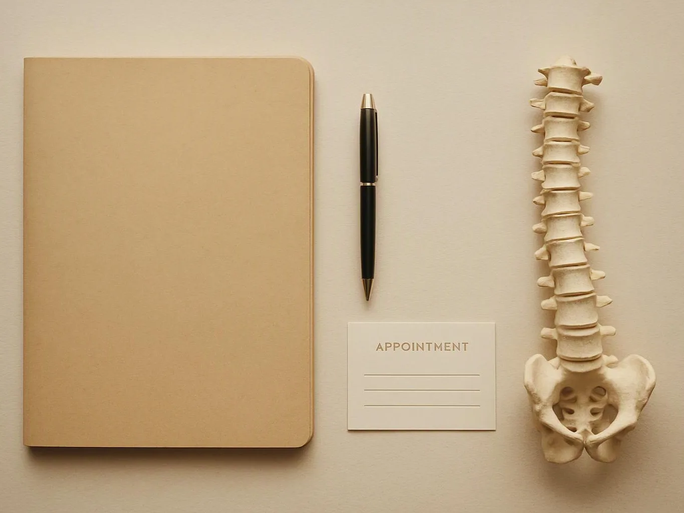 A beige notebook, black pen, appointment card, and spine model sit neatly on a light background