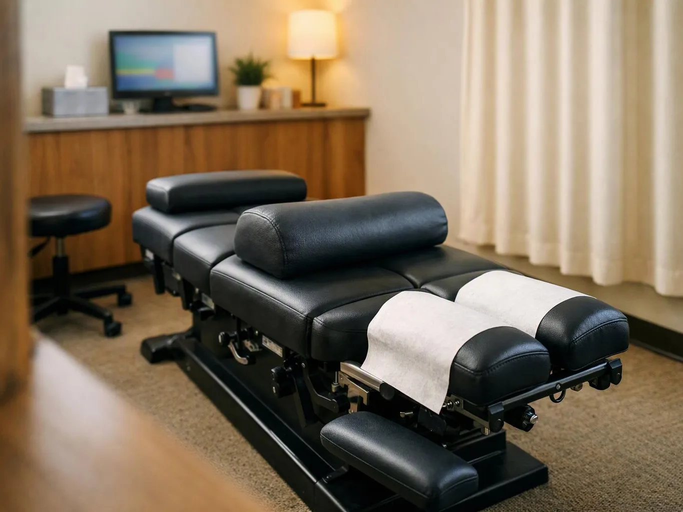 A black chiropractic table sits in a quiet treatment room beside a desk, lamp, curtain, and stool