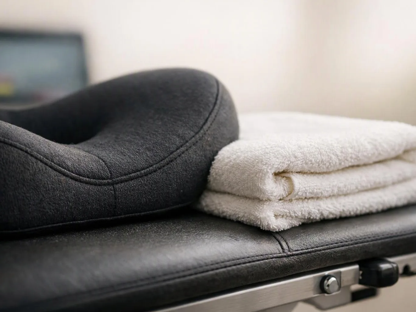 A black cushioned neck pillow rests beside folded white towels on a padded treatment table