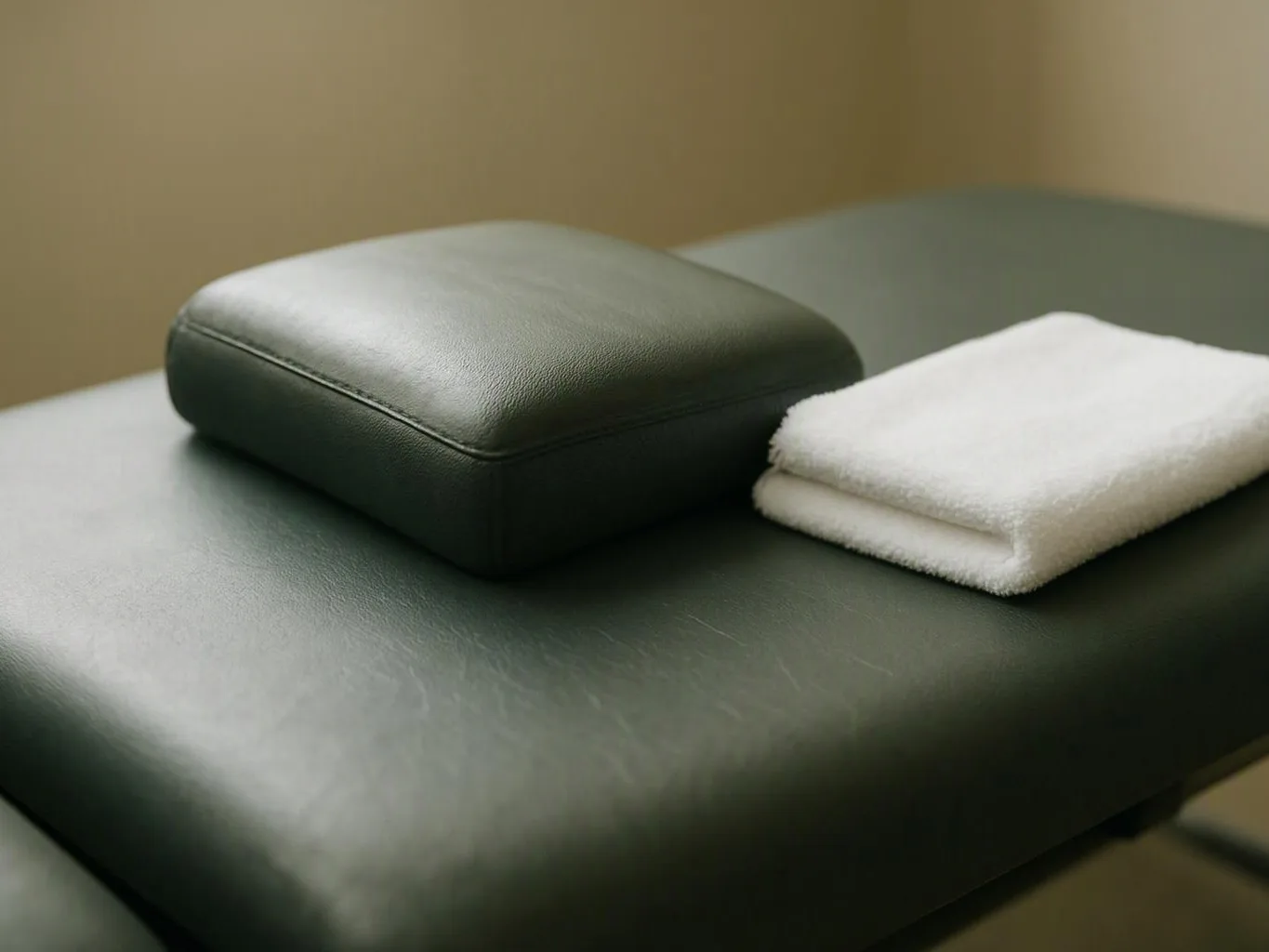 A black padded treatment table holds a headrest cushion and a folded white towel in a quiet room
