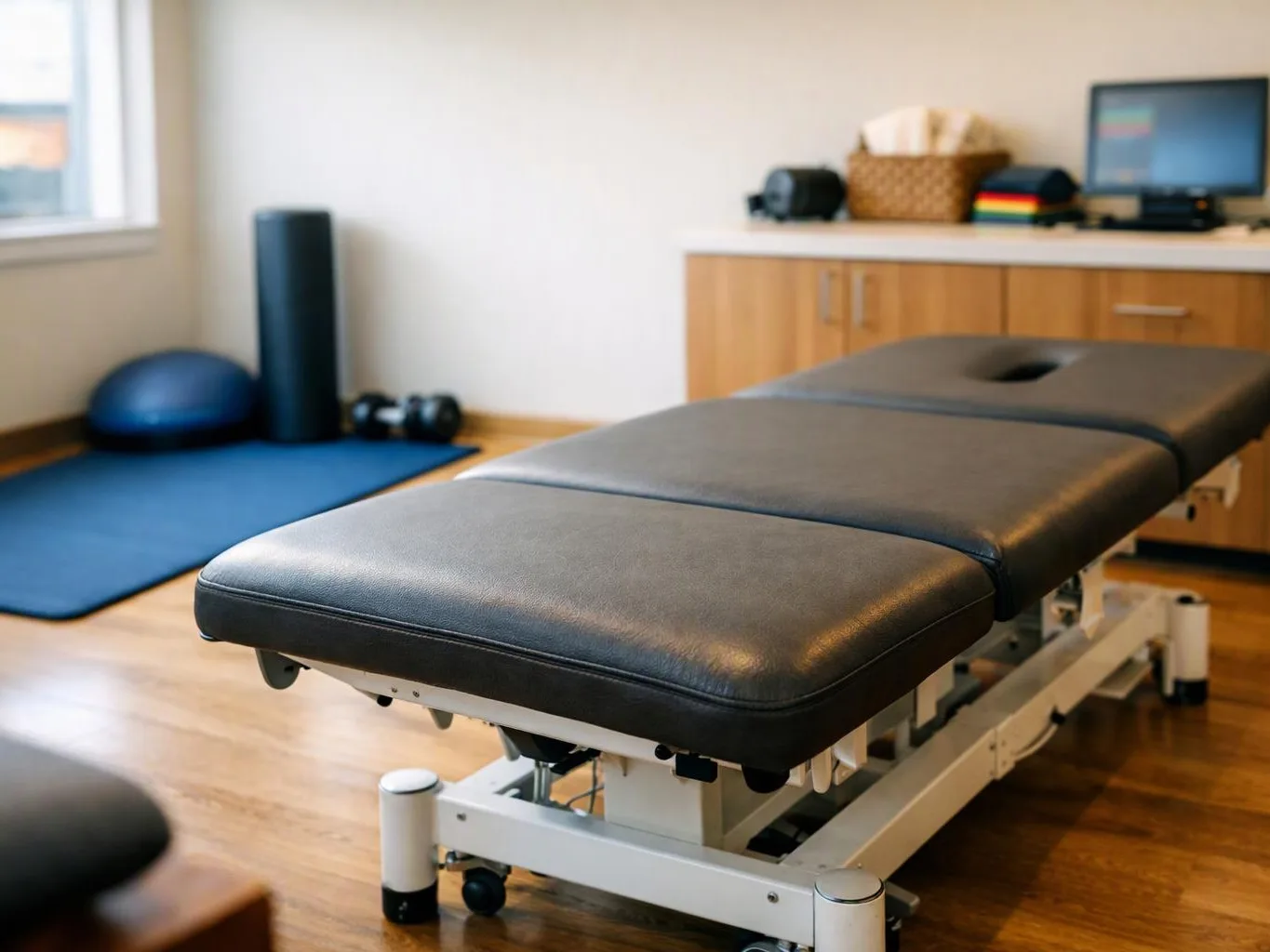 A black padded treatment table sits in a bright therapy room beside exercise mats and equipment