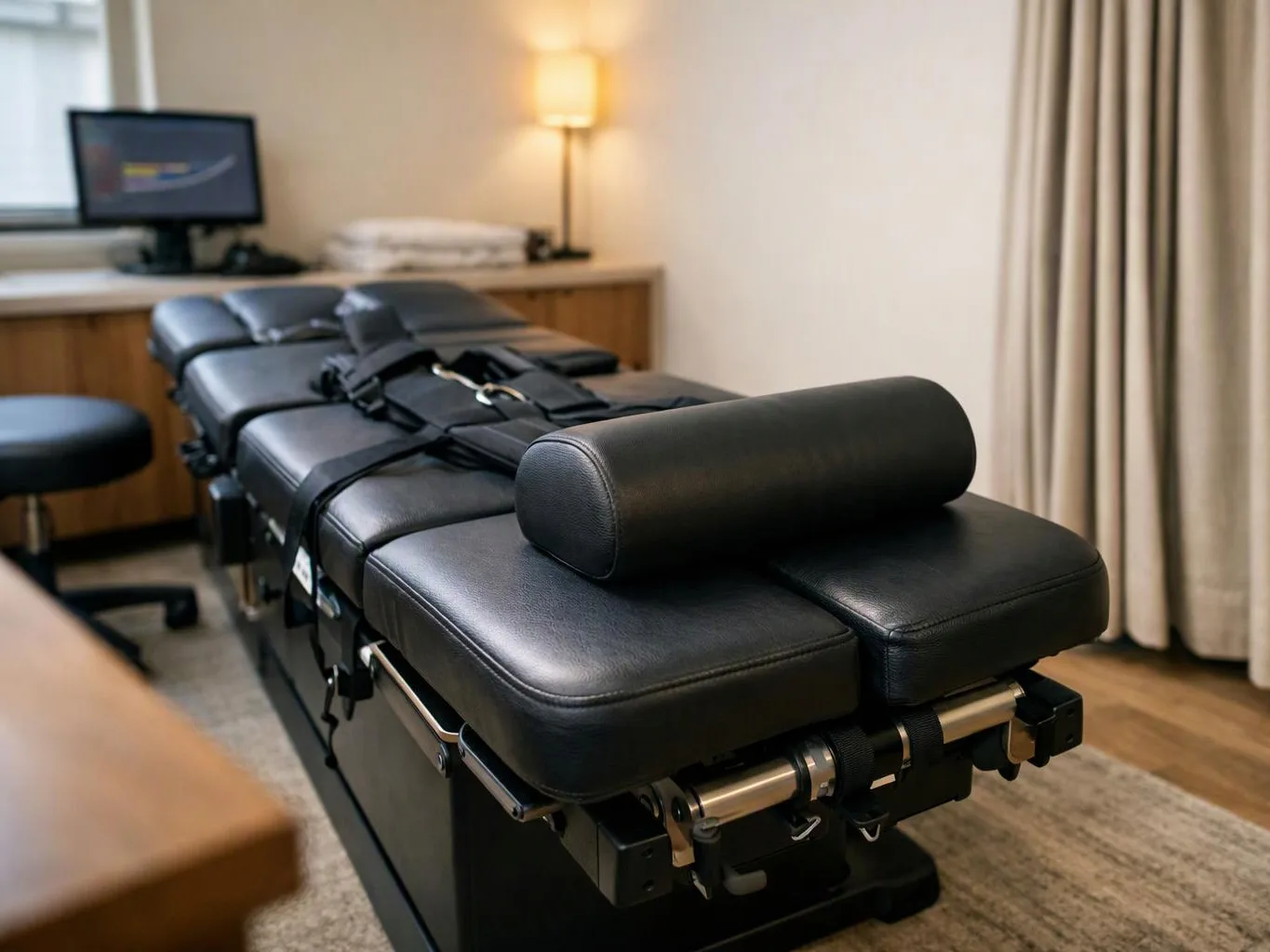 A black padded treatment table with straps sits in a softly lit exam room with a lamp and monitor
