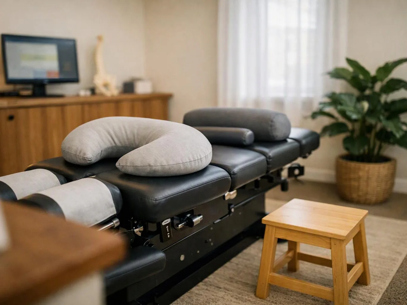 A black treatment table with pillows sits in a calm room beside a stool, plant, and cabinet
