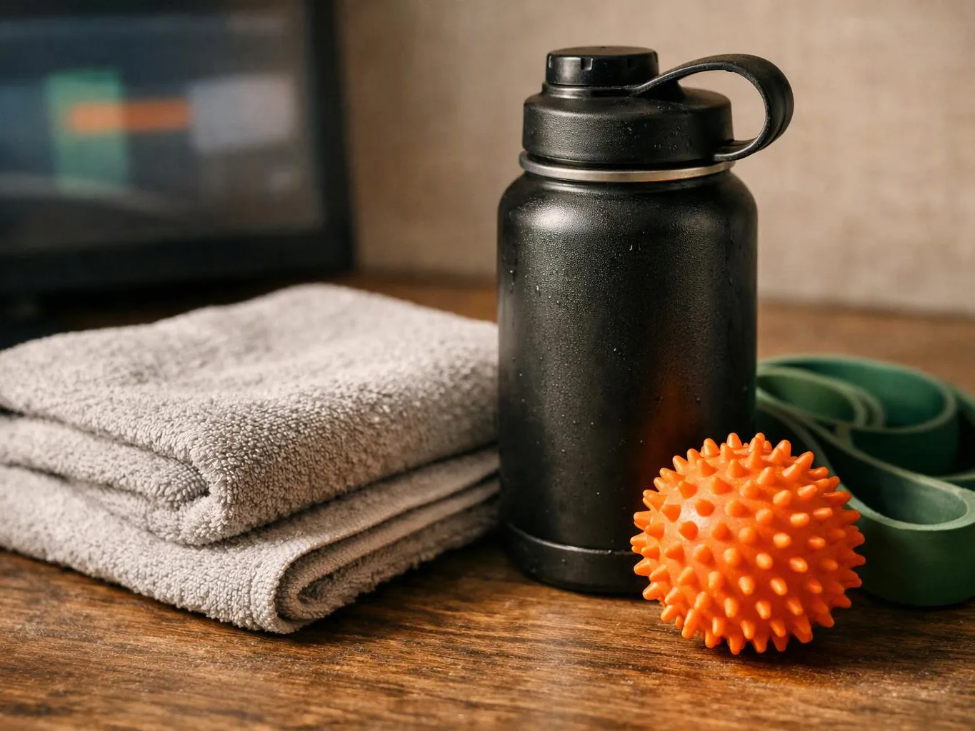 A black water bottle sits beside folded towels, an orange spiky ball, and green resistance bands on a wooden surface