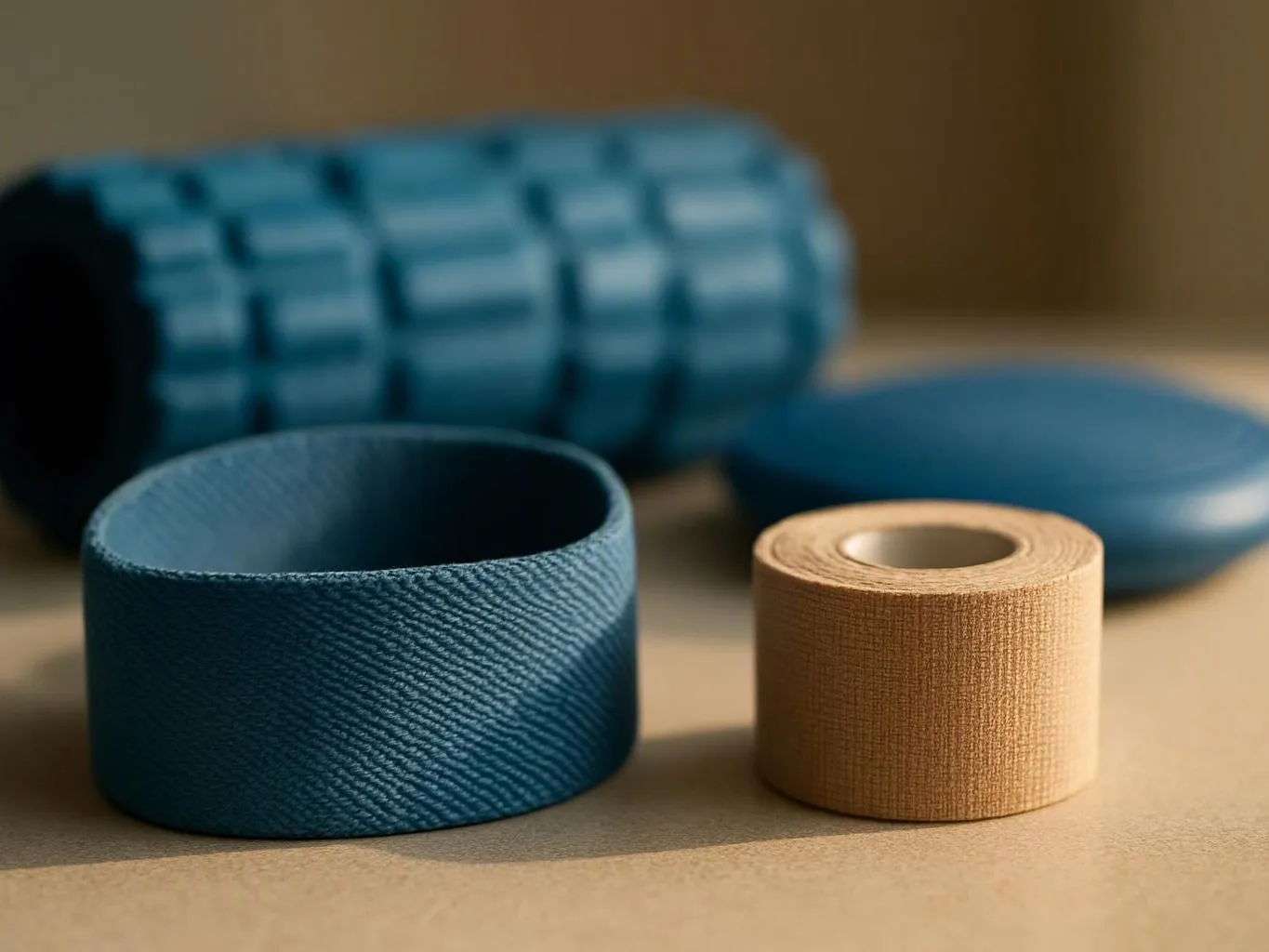 Blue and beige adhesive tape rolls sit on a tabletop, with a textured blue foam roller blurred behind them