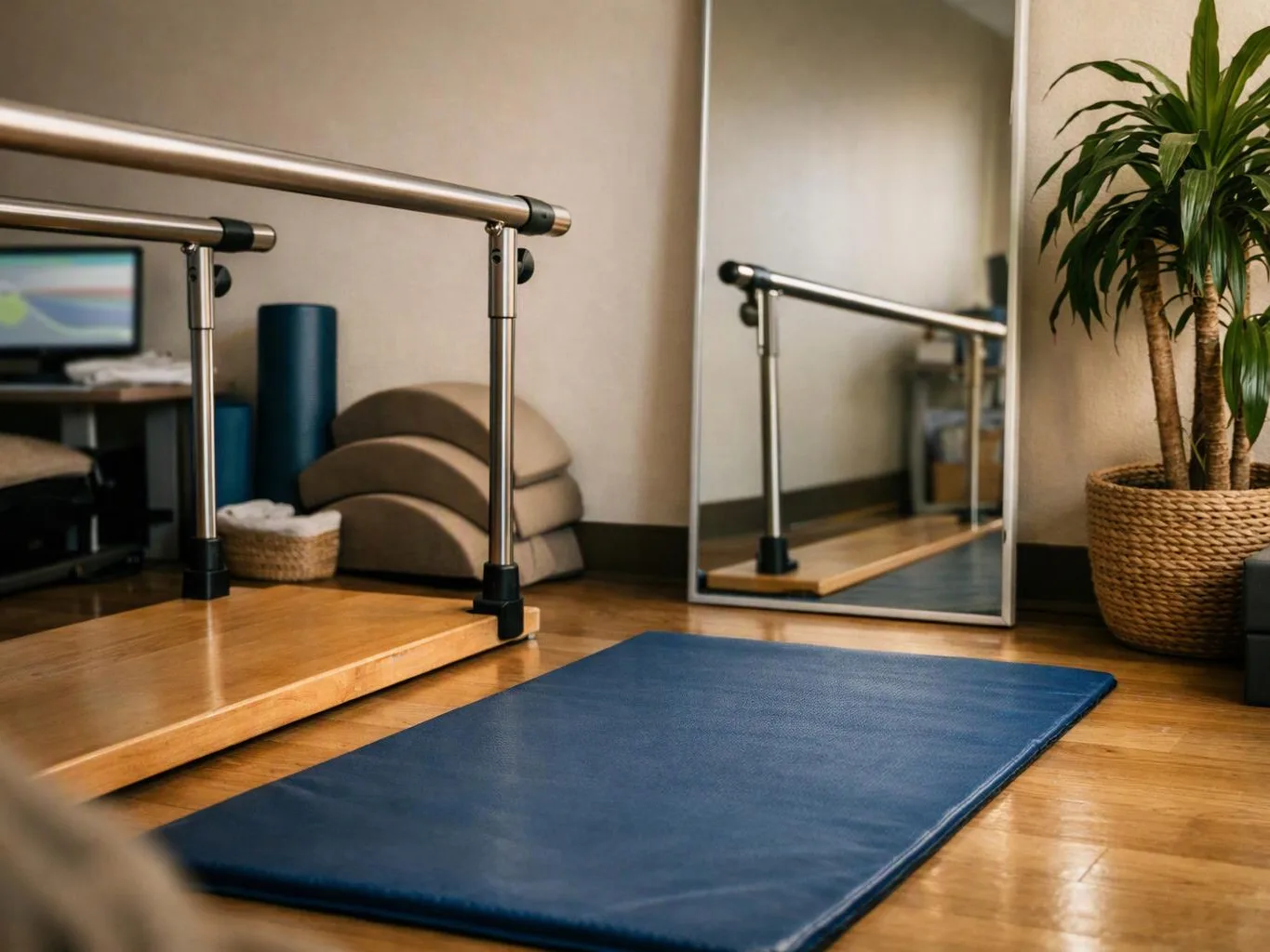 A blue exercise mat sits on a wooden floor beside ballet barres, a mirror, stacked cushions, and a potted plant