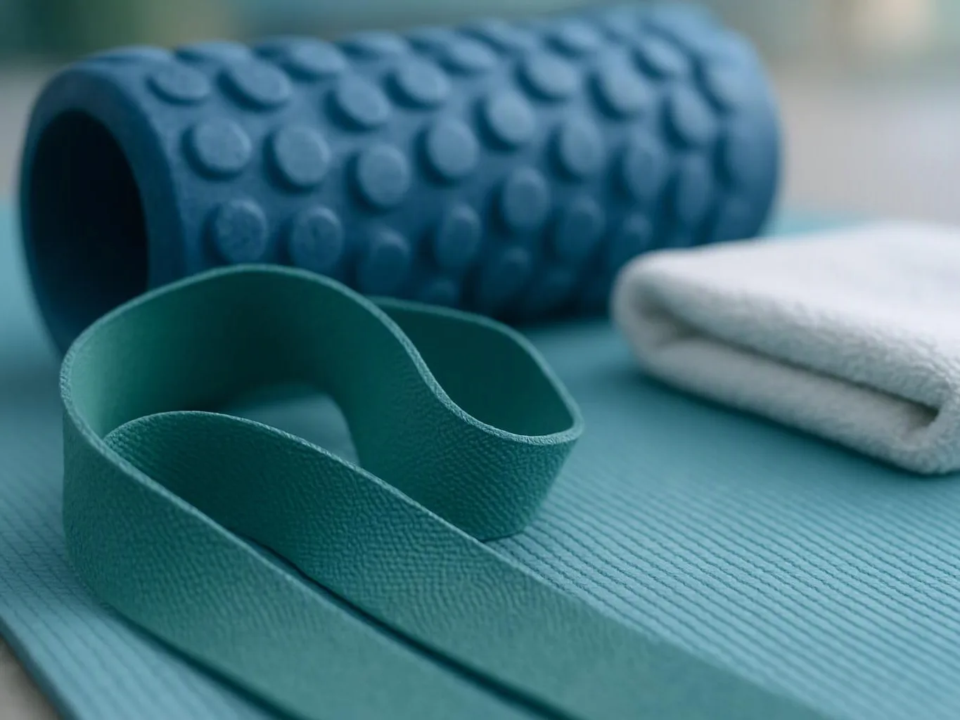 A blue yoga mat, a looped resistance band, a textured foam roller, and a folded towel rest on a teal surface