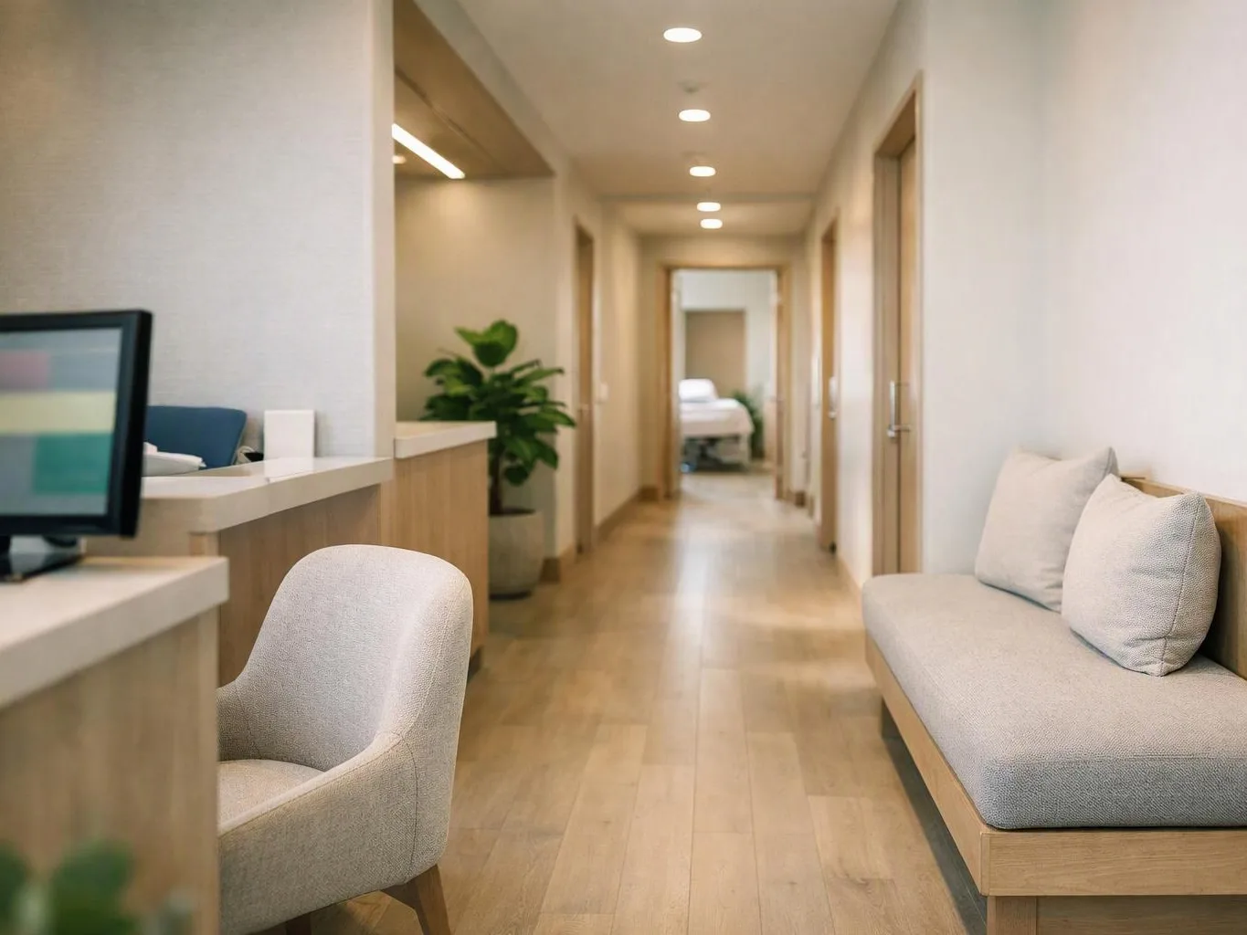 A bright hallway in a clinic-like waiting area shows a desk, chair, sofa, and a distant exam bed