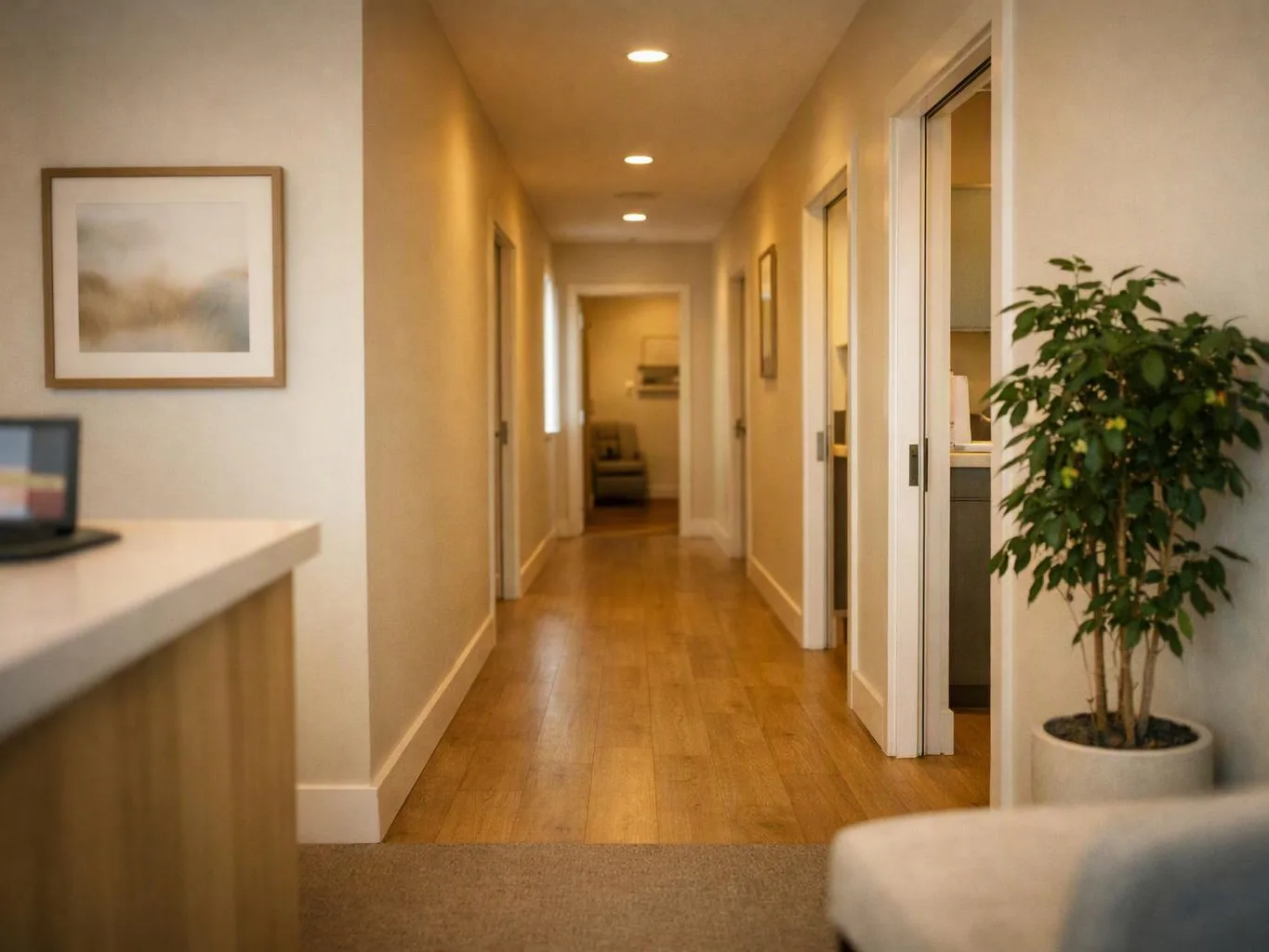A bright hallway with wooden floors, framed art, open doorways, and a potted plant on the right