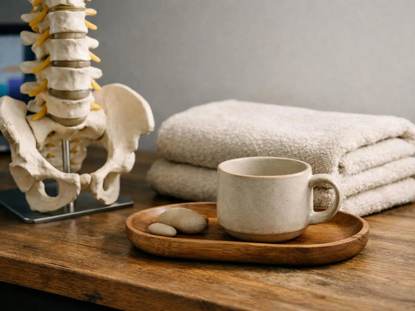 A ceramic mug and stones sit on a wooden tray beside folded towels and a spine model