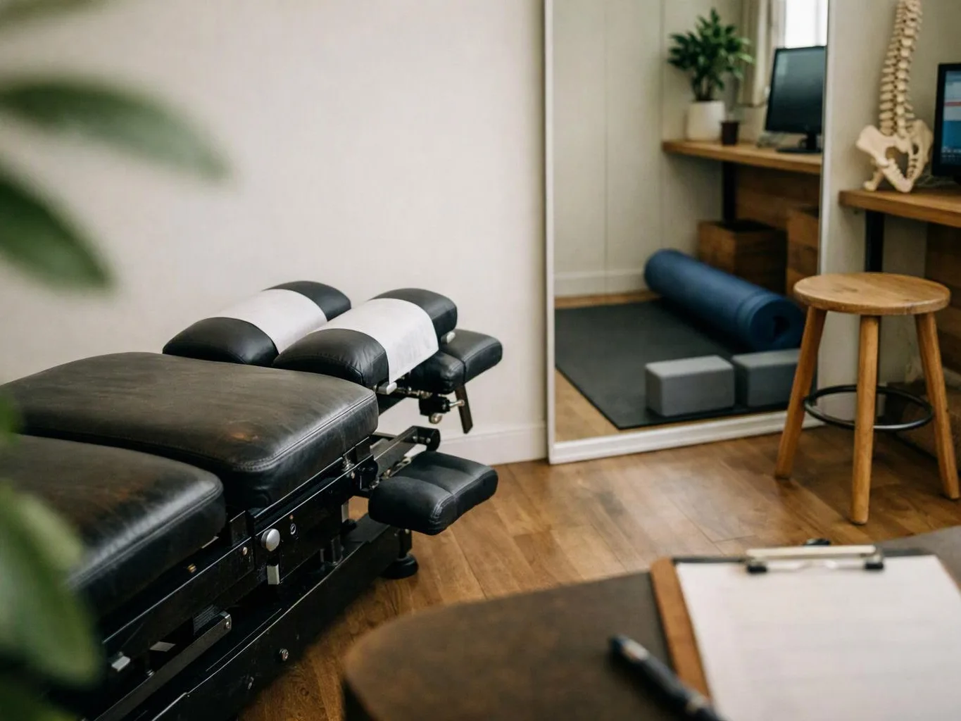 A chiropractic treatment table sits in a tidy room with yoga props, a stool, and a mirrored work area