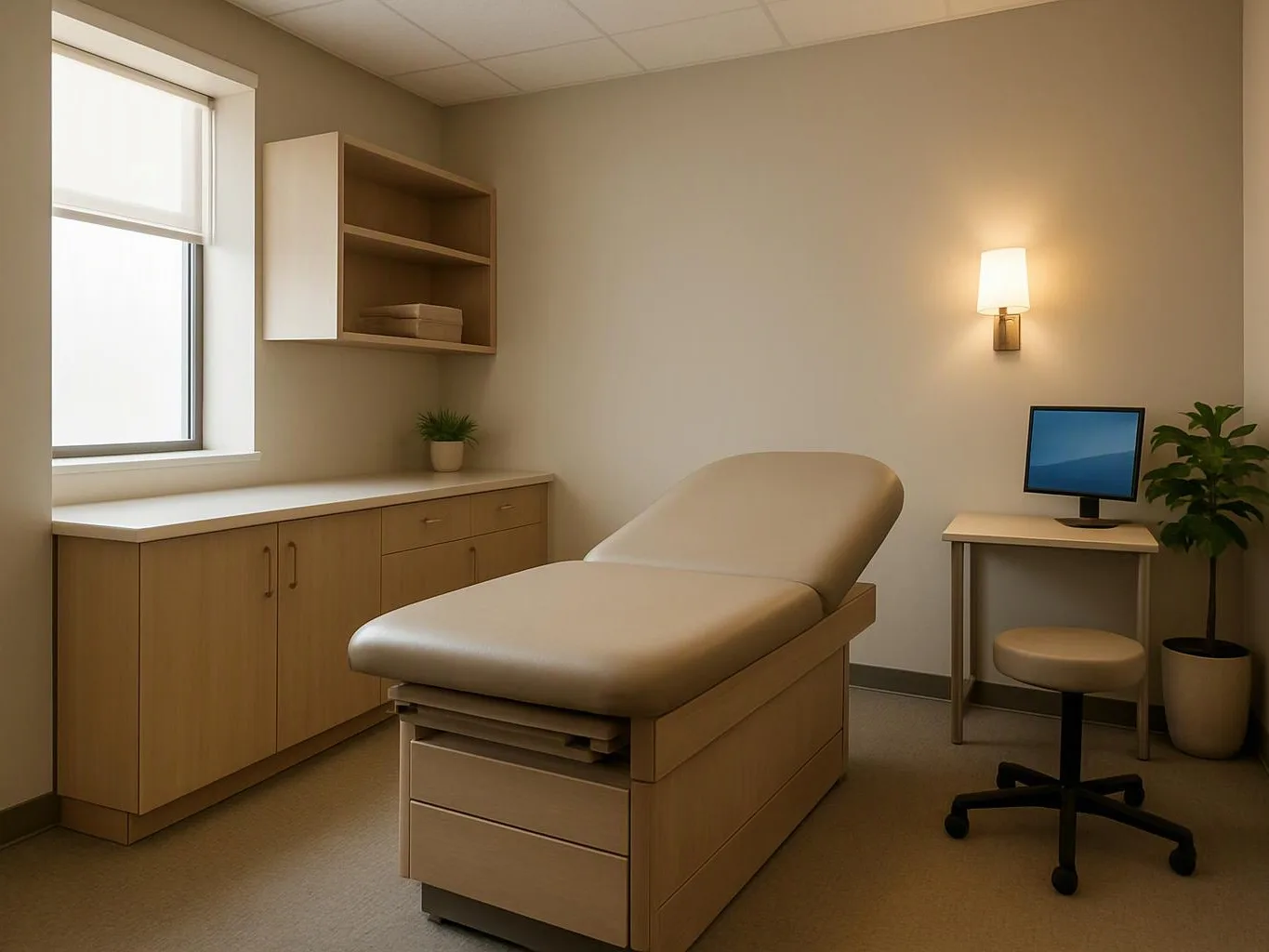 A clean medical exam room shows a treatment bed, desk, computer, cabinets, and a wall lamp