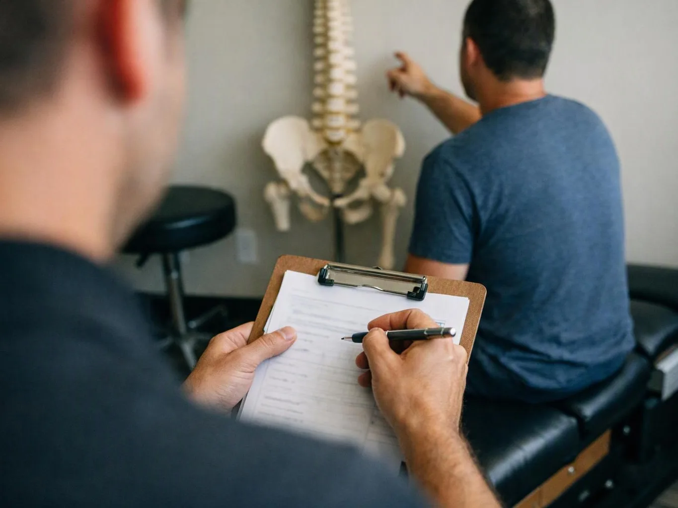 A clinician writes on a clipboard while a seated man points at a spine model in an exam room