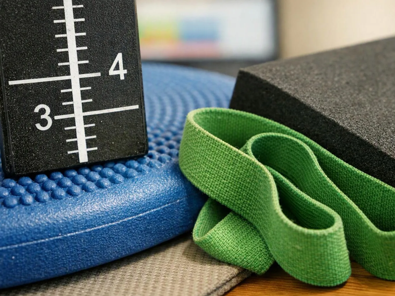 Close-up of exercise gear, with a blue balance pad, green resistance band, and black foam block marked with numbers