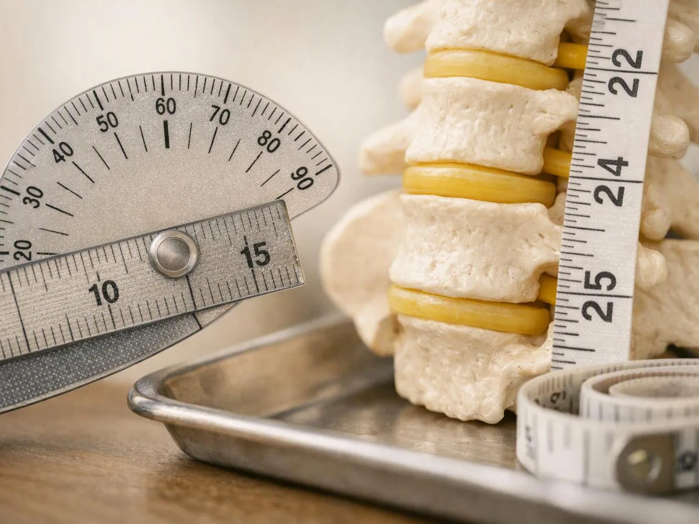A close-up shows a spine model, rulers, and a metal tray on a wooden surface