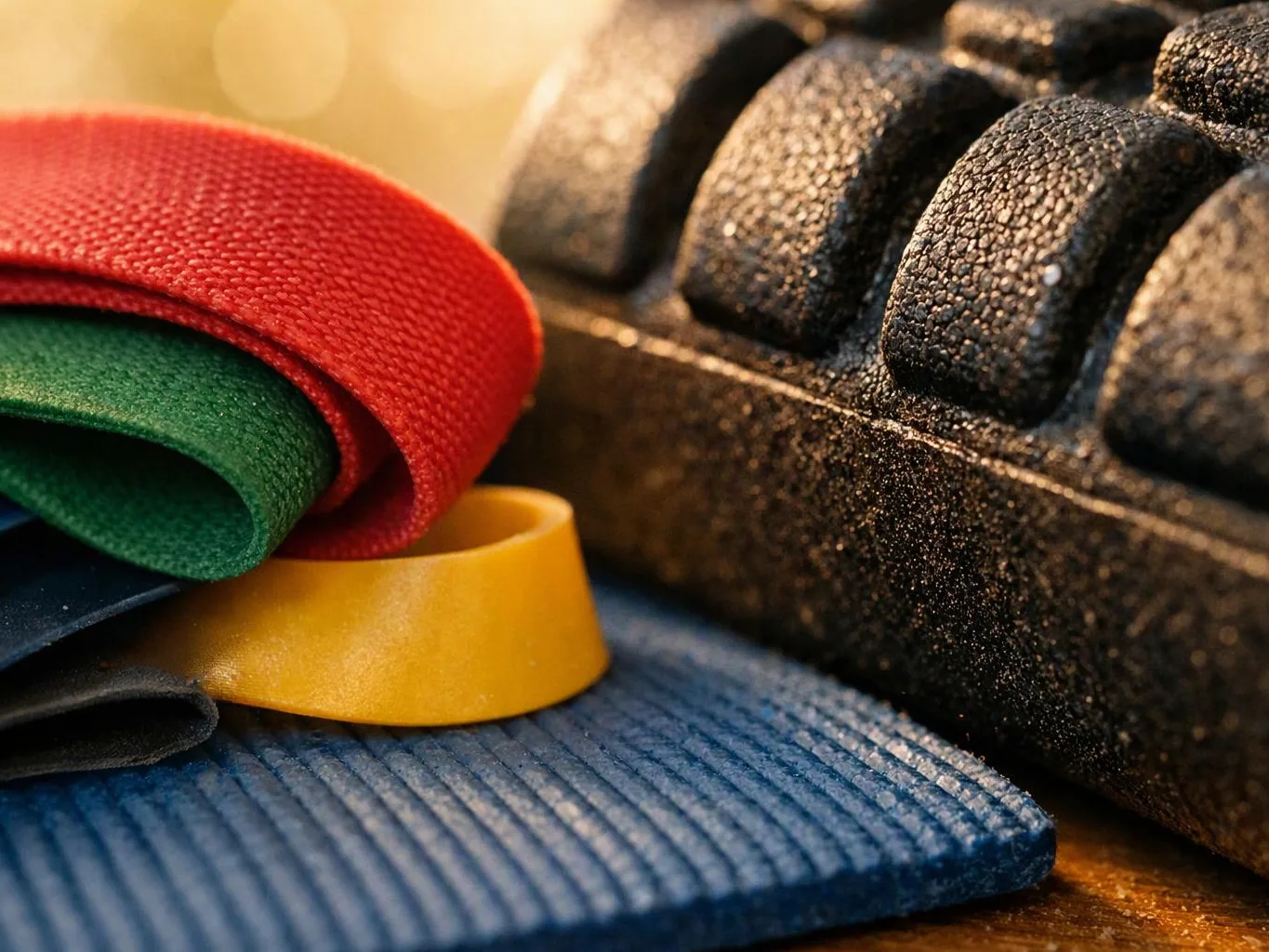 Close-up of stacked colorful fabric straps beside a textured black foam block on a wooden surface