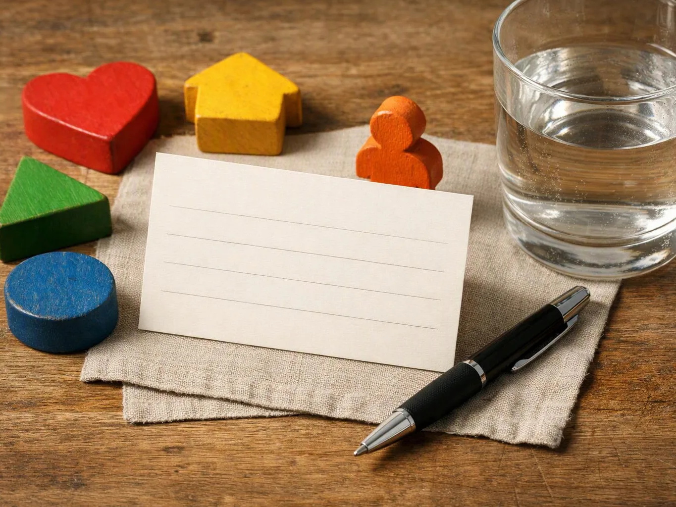 Colorful wooden shapes, a blank card, a glass of water, and a pen rest on a cloth-covered wooden table