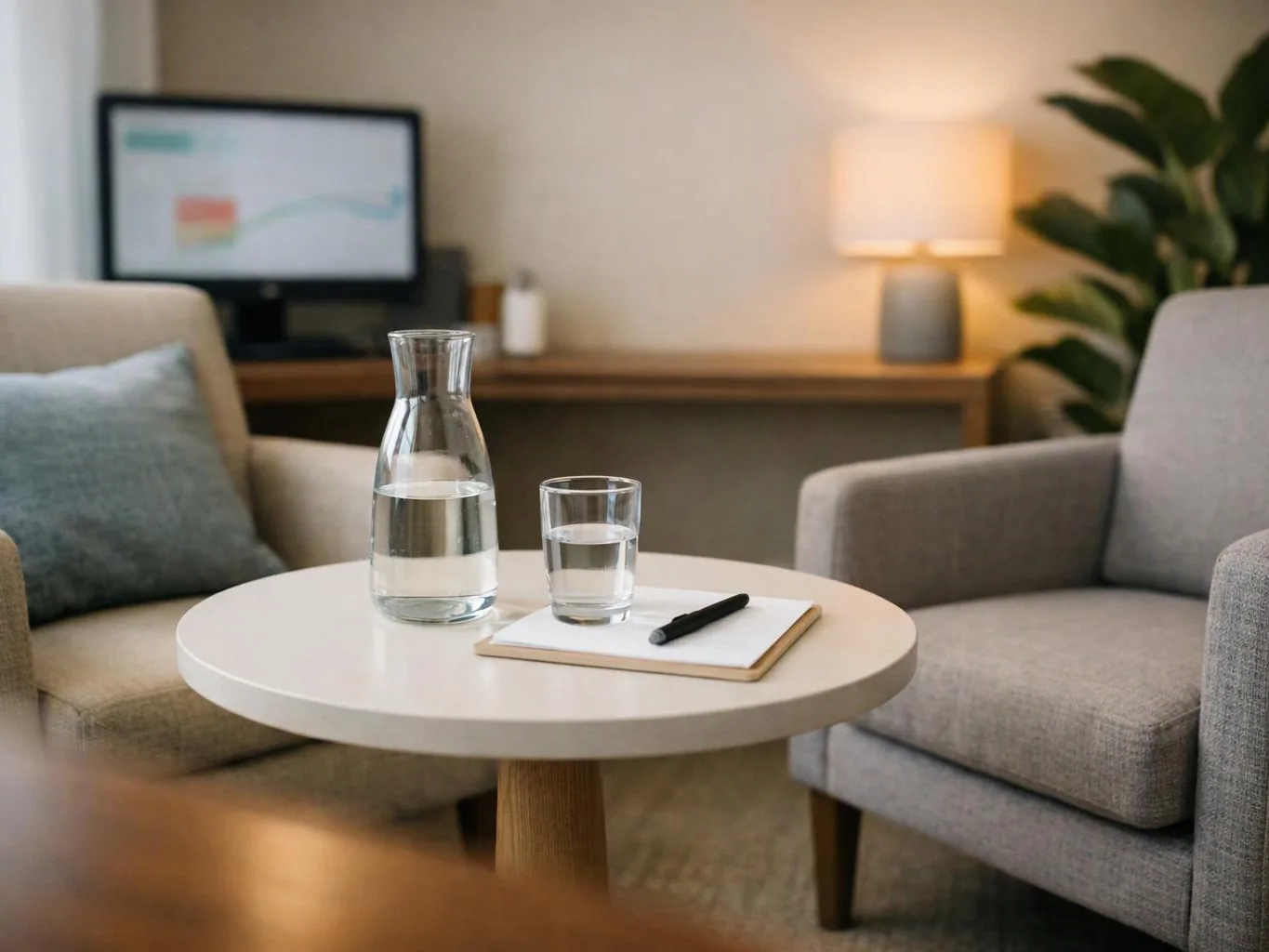 A cozy living room shows two armchairs around a round table with water, a notepad, and a pen