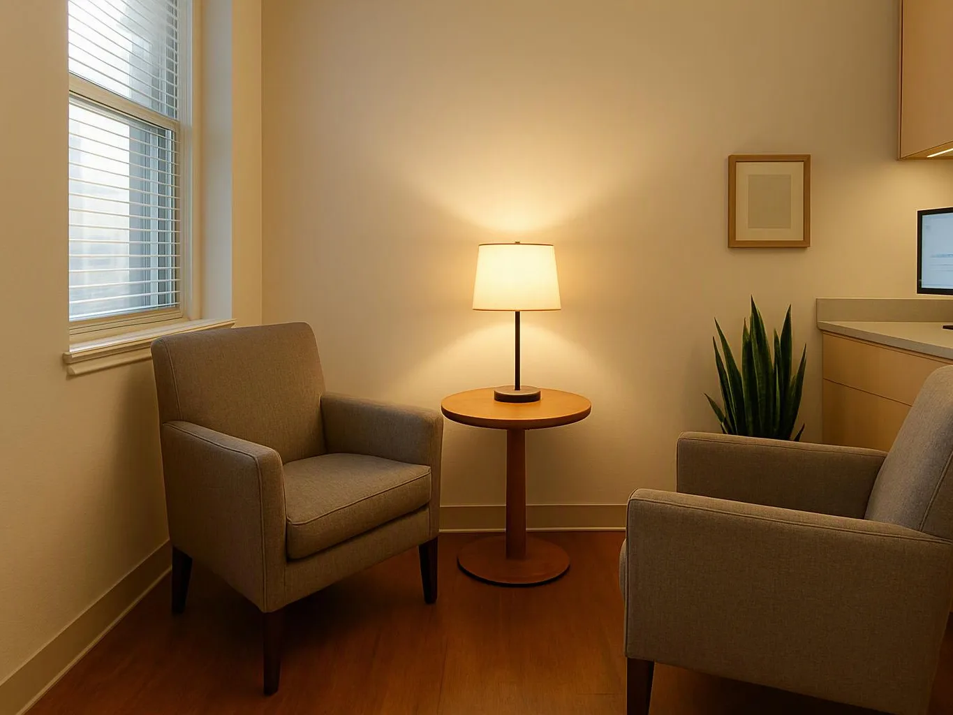 A cozy waiting room has two armchairs, a glowing table lamp, a window, and a potted plant