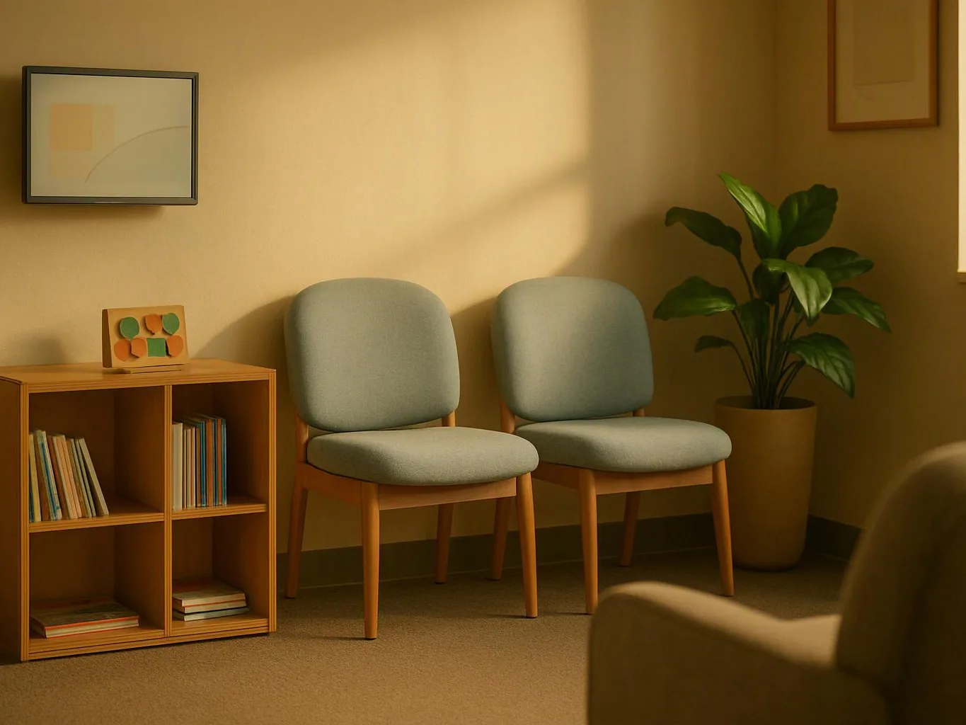 A cozy waiting room has two gray chairs, a wood shelf with books, and a potted plant by the wall