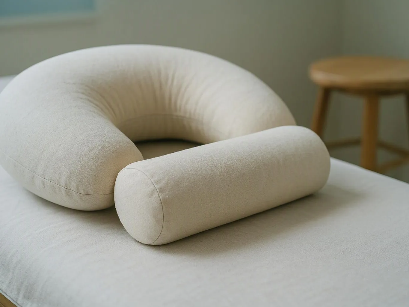 A cream U-shaped pillow and matching bolster rest on a bed in a calm bedroom