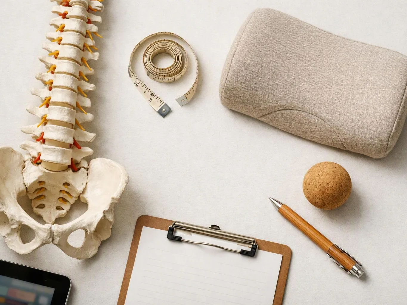 A desk flat lay shows a spine model, measuring tape, cushion, cork ball, pen, and clipboard on a white surface